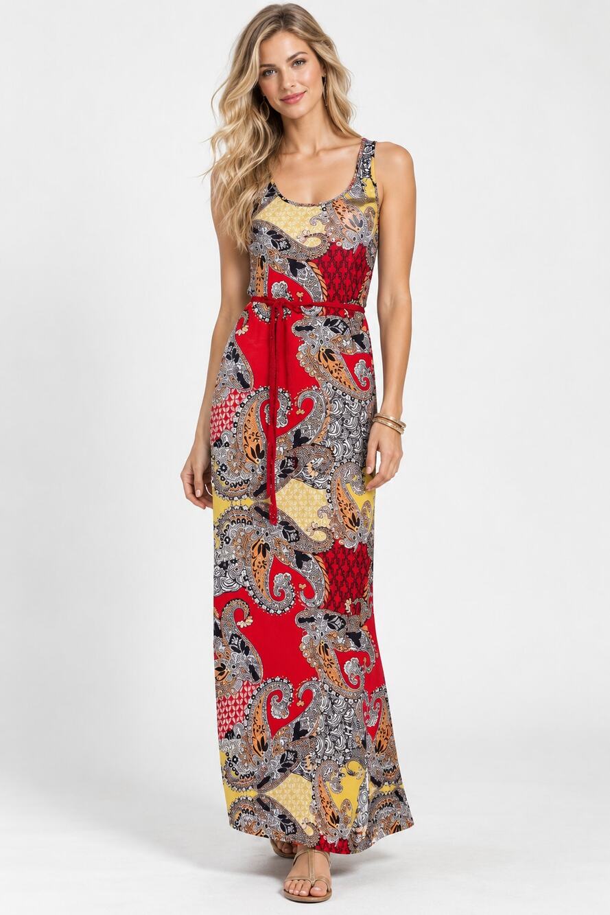 Lucky Brand Paisley Maxi Dress Womens Small Red Knit Modal Cotton Beachy Belted